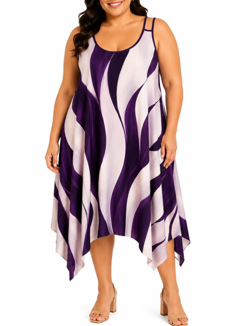 Plus Size purple white abstract spaghetti strap stretch handkerchief dress 5XL